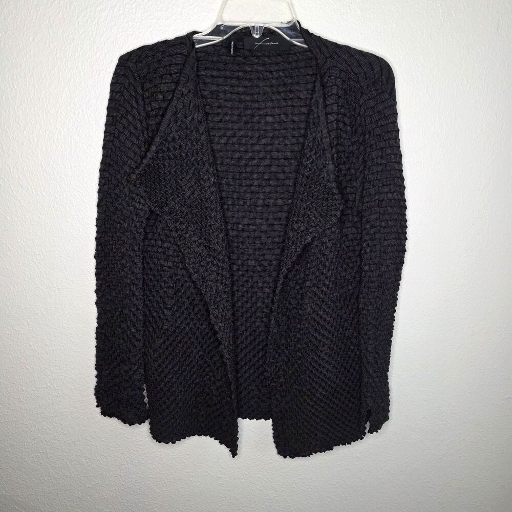 Crinkle Cardigan Sweater S Fusun Black Merino Wool Open Stretch Turkey